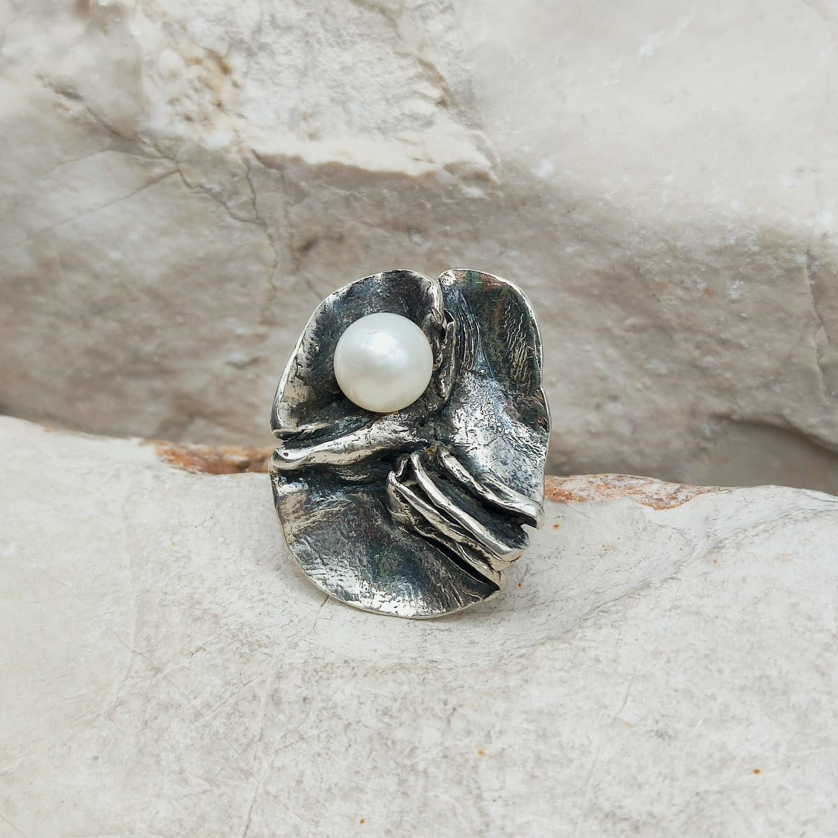 Vintage Mies De Wilde Brutalist Sterling Silver Pearl Ring