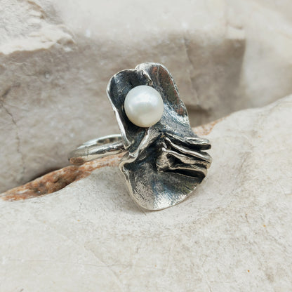 Vintage Mies De Wilde Brutalist Sterling Silver Pearl Ring