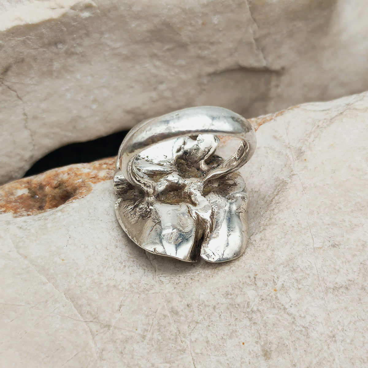 Vintage Mies De Wilde Brutalist Sterling Silver Pearl Ring