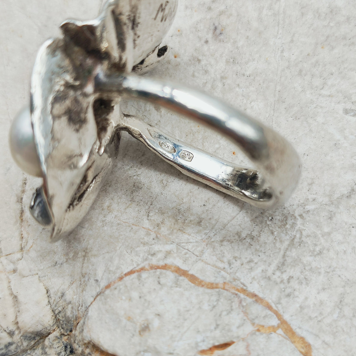 Vintage Mies De Wilde Brutalist Sterling Silver Pearl Ring