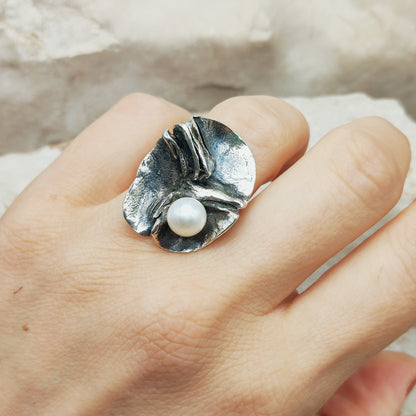 Vintage Mies De Wilde Brutalist Sterling Silver Pearl Ring