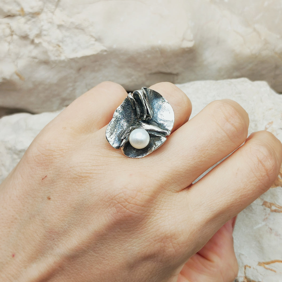 Vintage Mies De Wilde Brutalist Sterling Silver Pearl Ring