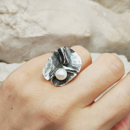 Vintage Mies De Wilde Brutalist Sterling Silver Pearl Ring