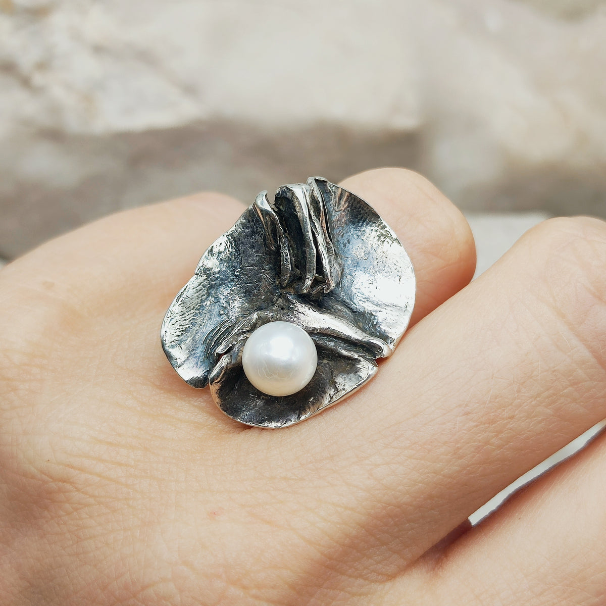 Vintage Mies De Wilde Brutalist Sterling Silver Pearl Ring