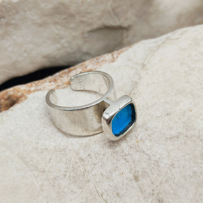 Vintage Mies De Wilde Sterling Silver & Blue Enamel Open Ring