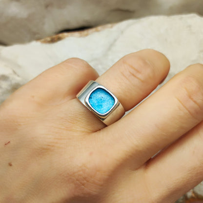 Vintage Mies De Wilde Sterling Silver & Blue Enamel Open Ring