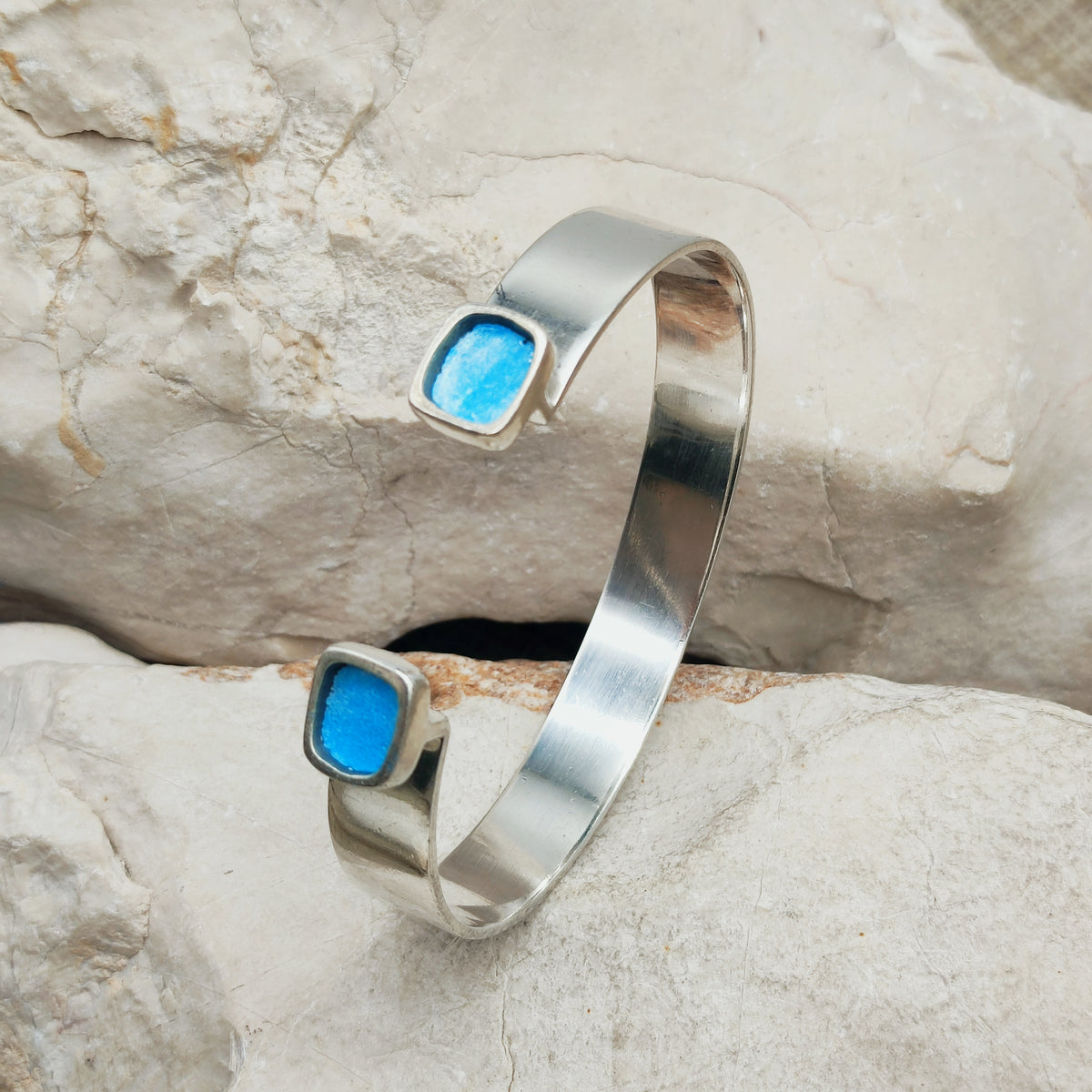 Vintage Mies De Wilde Sterling Silver & Blue Enamel Cuff Bracelet