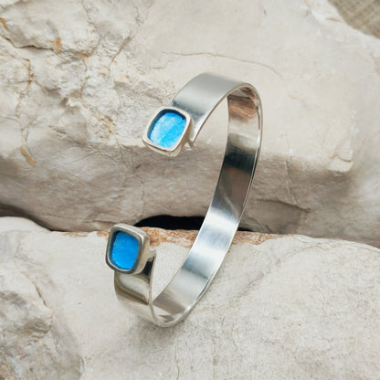 Vintage Mies De Wilde Sterling Silver & Blue Enamel Cuff Bracelet