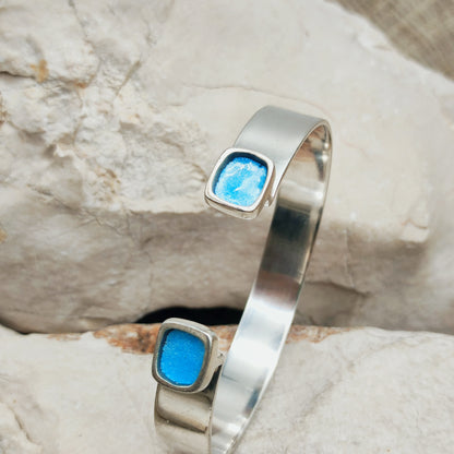 Vintage Mies De Wilde Sterling Silver & Blue Enamel Cuff Bracelet