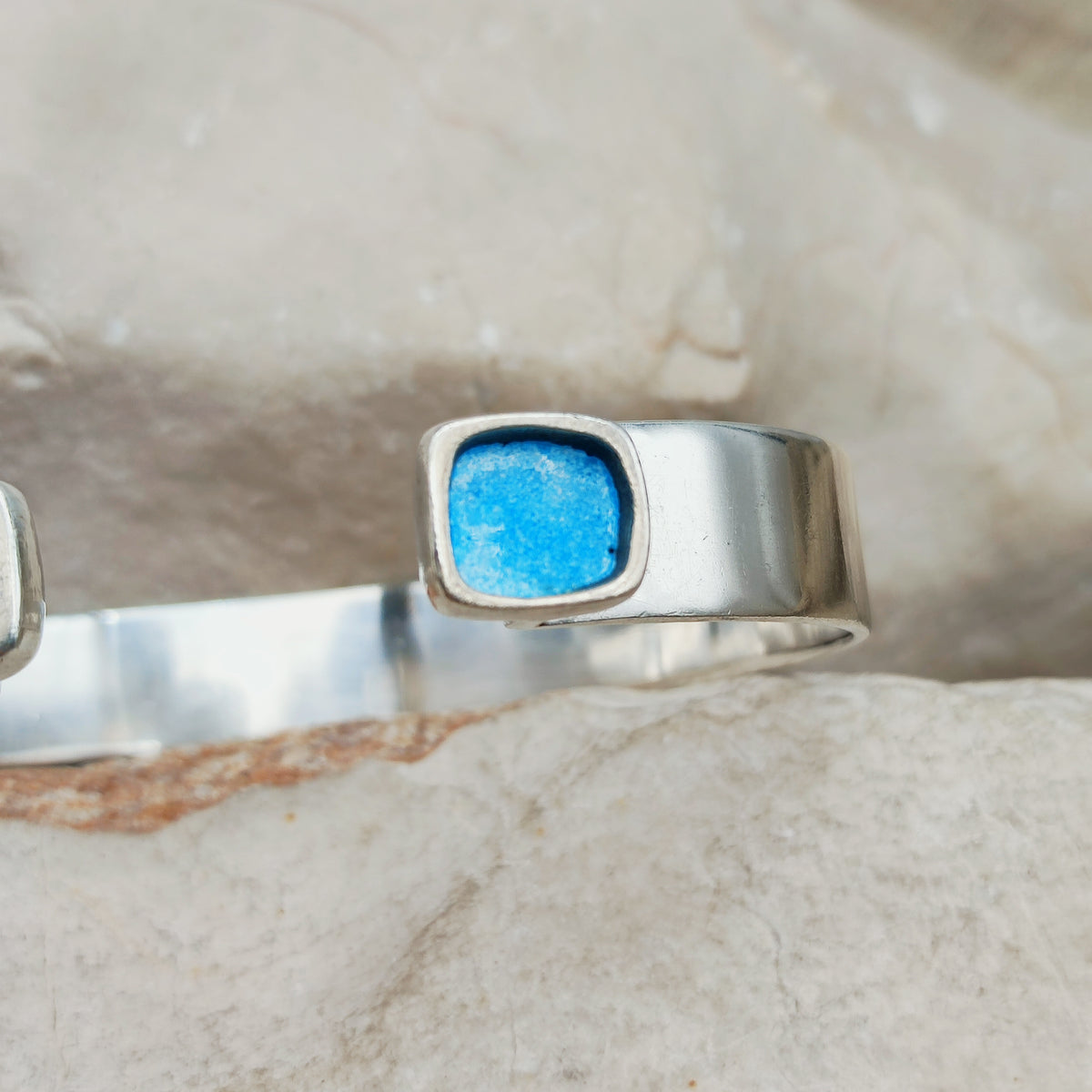 Vintage Mies De Wilde Sterling Silver & Blue Enamel Cuff Bracelet