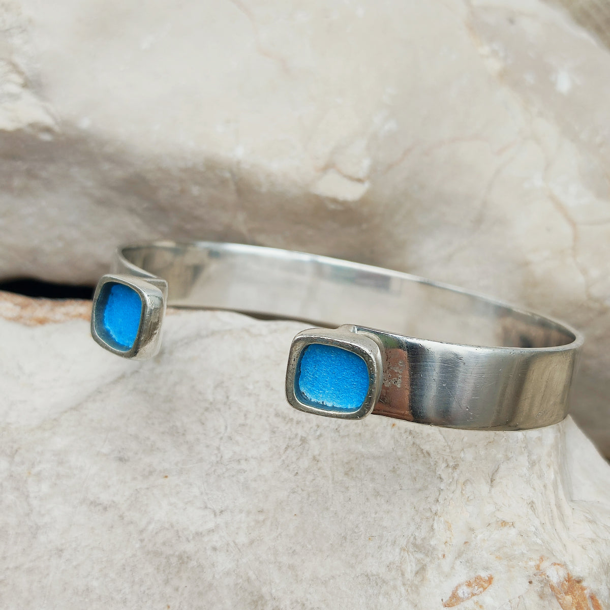 Vintage Mies De Wilde Sterling Silver & Blue Enamel Cuff Bracelet