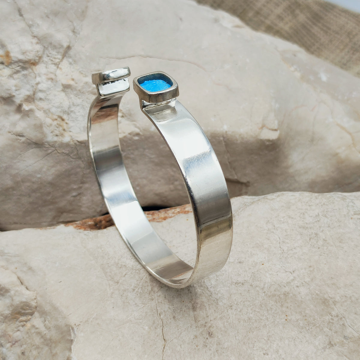 Vintage Mies De Wilde Sterling Silver & Blue Enamel Cuff Bracelet