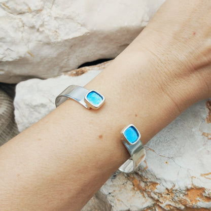 Vintage Mies De Wilde Sterling Silver & Blue Enamel Cuff Bracelet