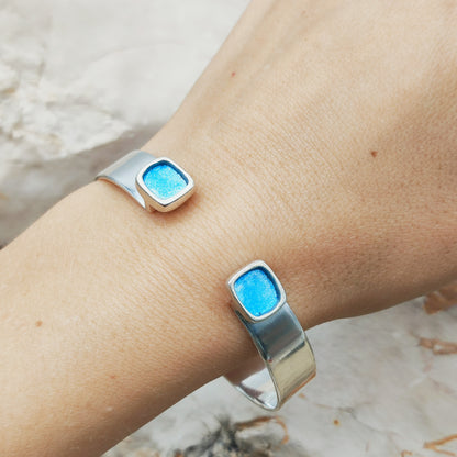 Vintage Mies De Wilde Sterling Silver & Blue Enamel Cuff Bracelet
