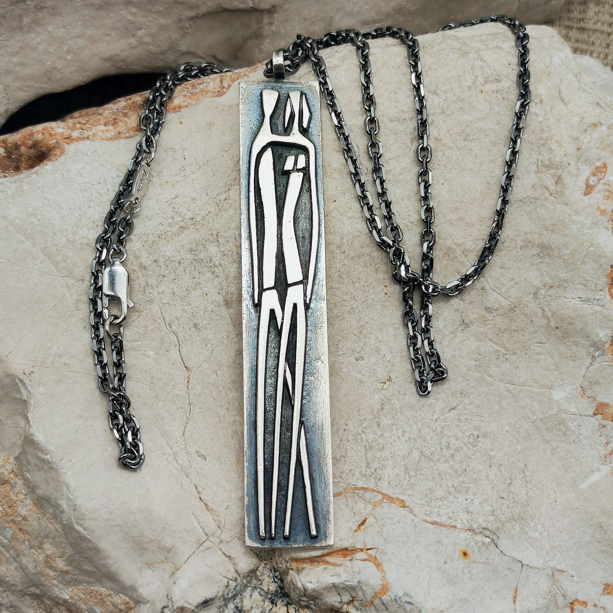Vintage Mies De Wilde Brutalist Sterling Silver Couple Pendant Necklace