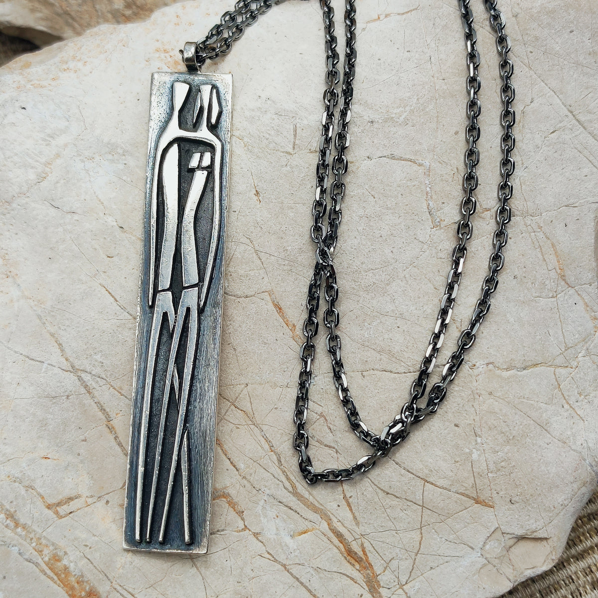 Vintage Mies De Wilde Brutalist Sterling Silver Couple Pendant Necklace