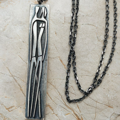 Vintage Mies De Wilde Brutalist Sterling Silver Couple Pendant Necklace