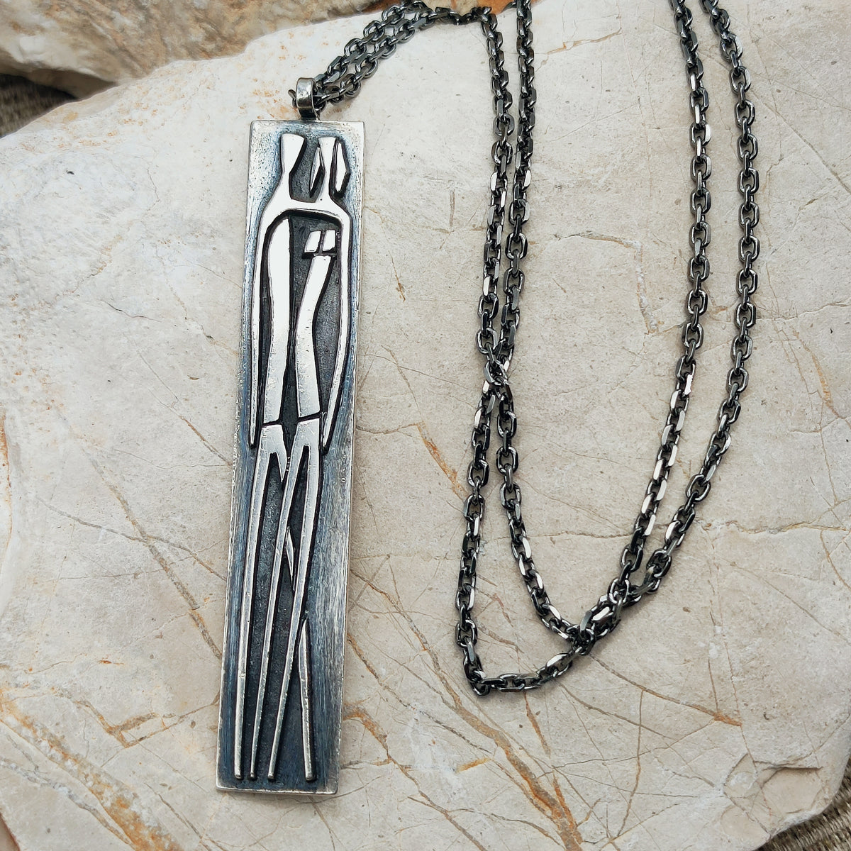 Vintage Mies De Wilde Brutalist Sterling Silver Couple Pendant Necklace