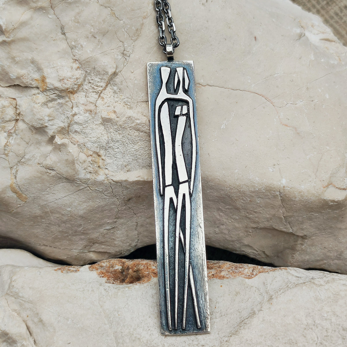 Vintage Mies De Wilde Brutalist Sterling Silver Couple Pendant Necklace