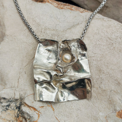 Vintage Mies De Wilde Brutalist Sterling Silver Pearl Pendant Necklace