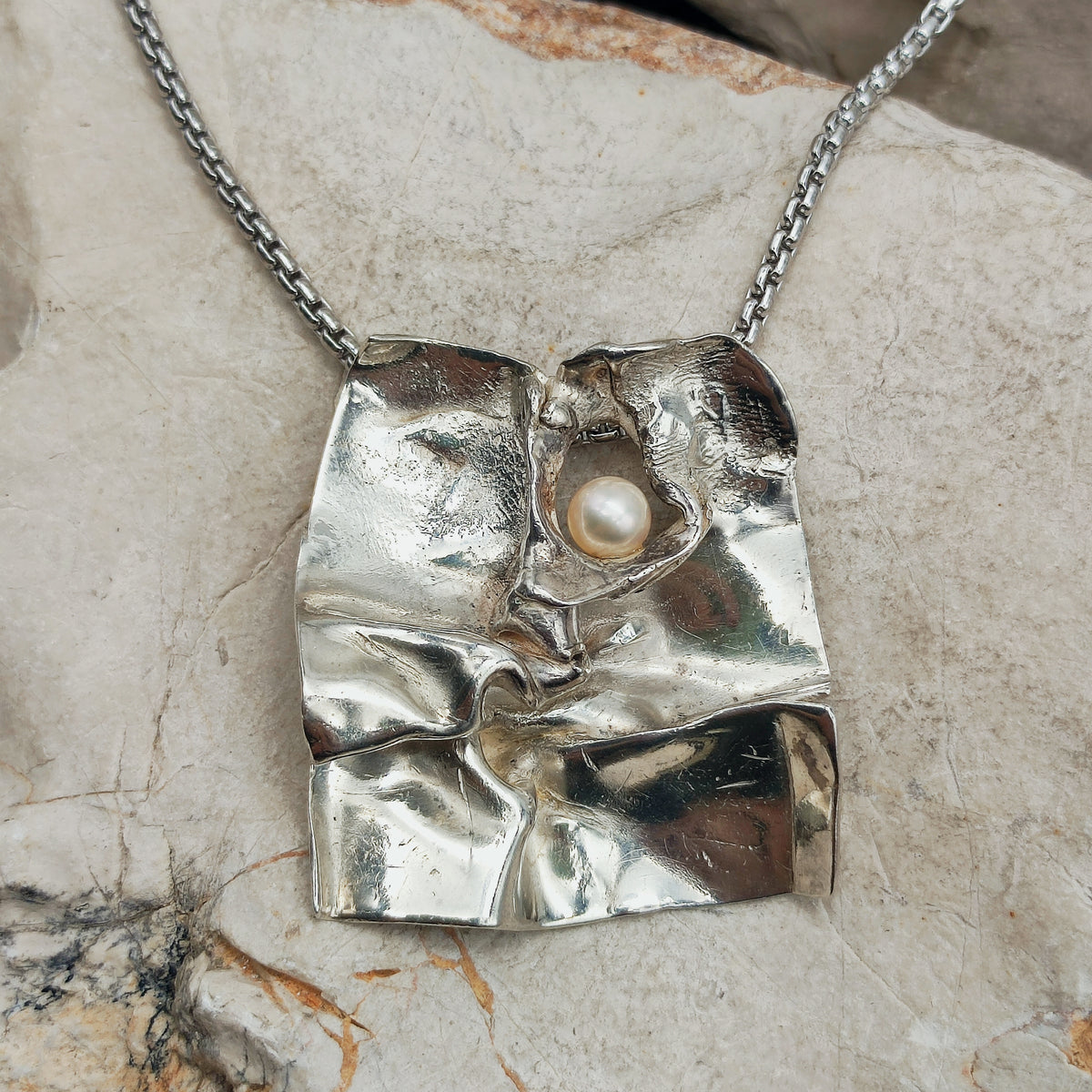 Vintage Mies De Wilde Brutalist Sterling Silver Pearl Pendant Necklace