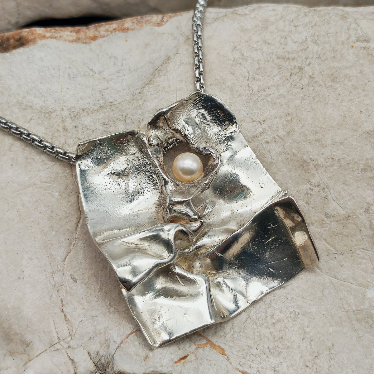 Vintage Mies De Wilde Brutalist Sterling Silver Pearl Pendant Necklace