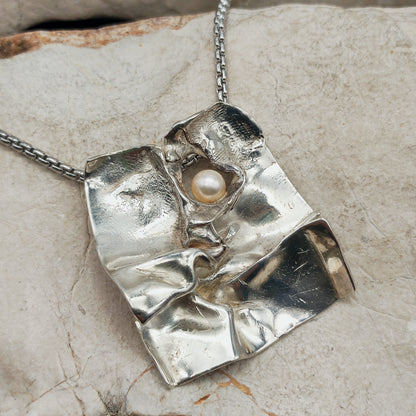 Vintage Mies De Wilde Brutalist Sterling Silver Pearl Pendant Necklace