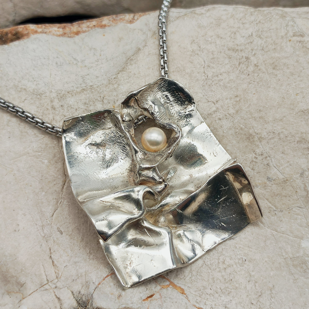 Vintage Mies De Wilde Brutalist Sterling Silver Pearl Pendant Necklace