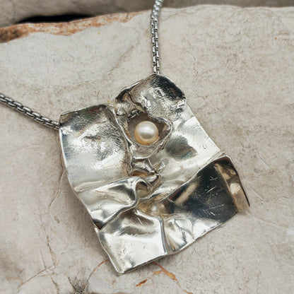 Vintage Mies De Wilde Brutalist Sterling Silver Pearl Pendant Necklace