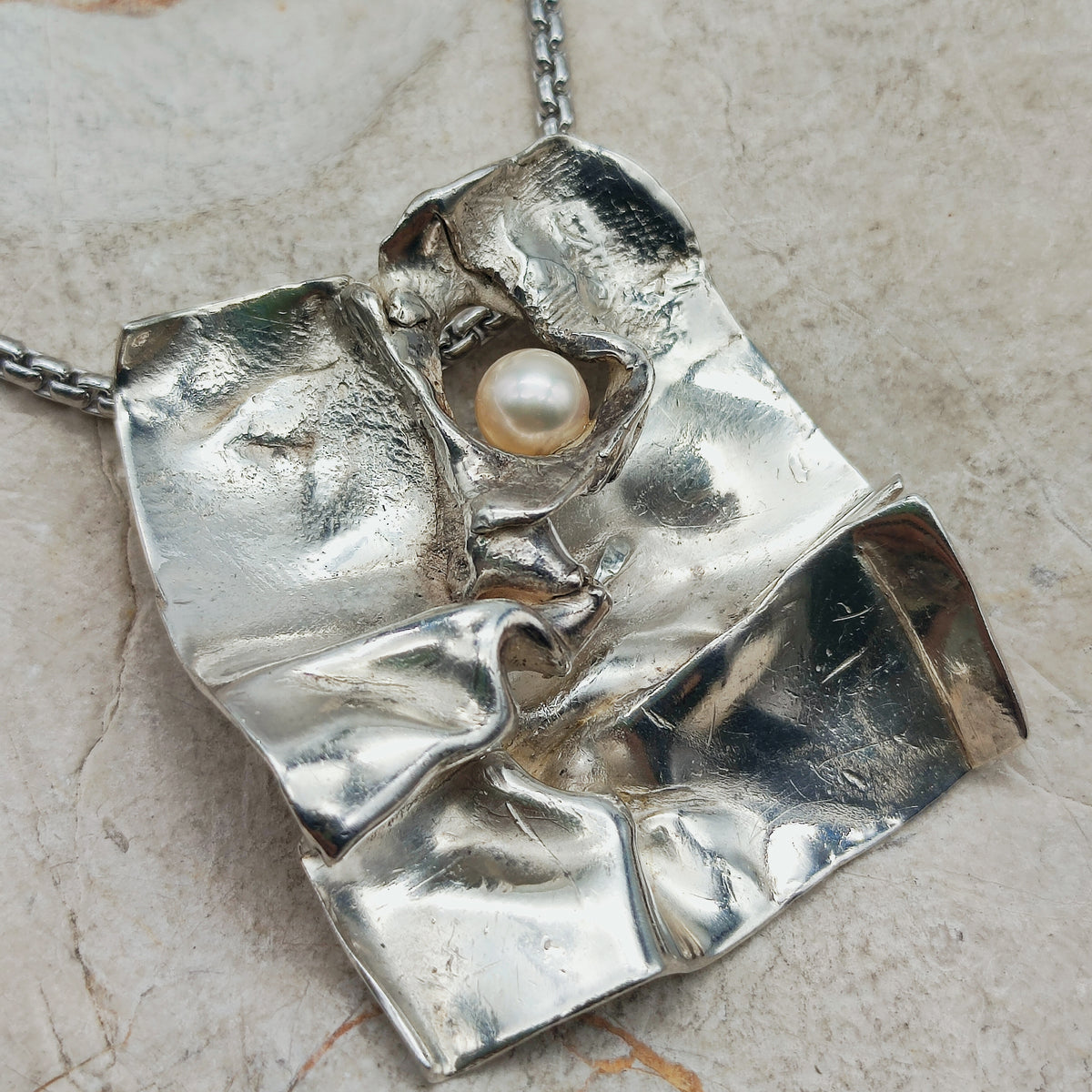 Vintage Mies De Wilde Brutalist Sterling Silver Pearl Pendant Necklace
