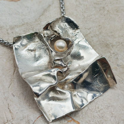 Vintage Mies De Wilde Brutalist Sterling Silver Pearl Pendant Necklace