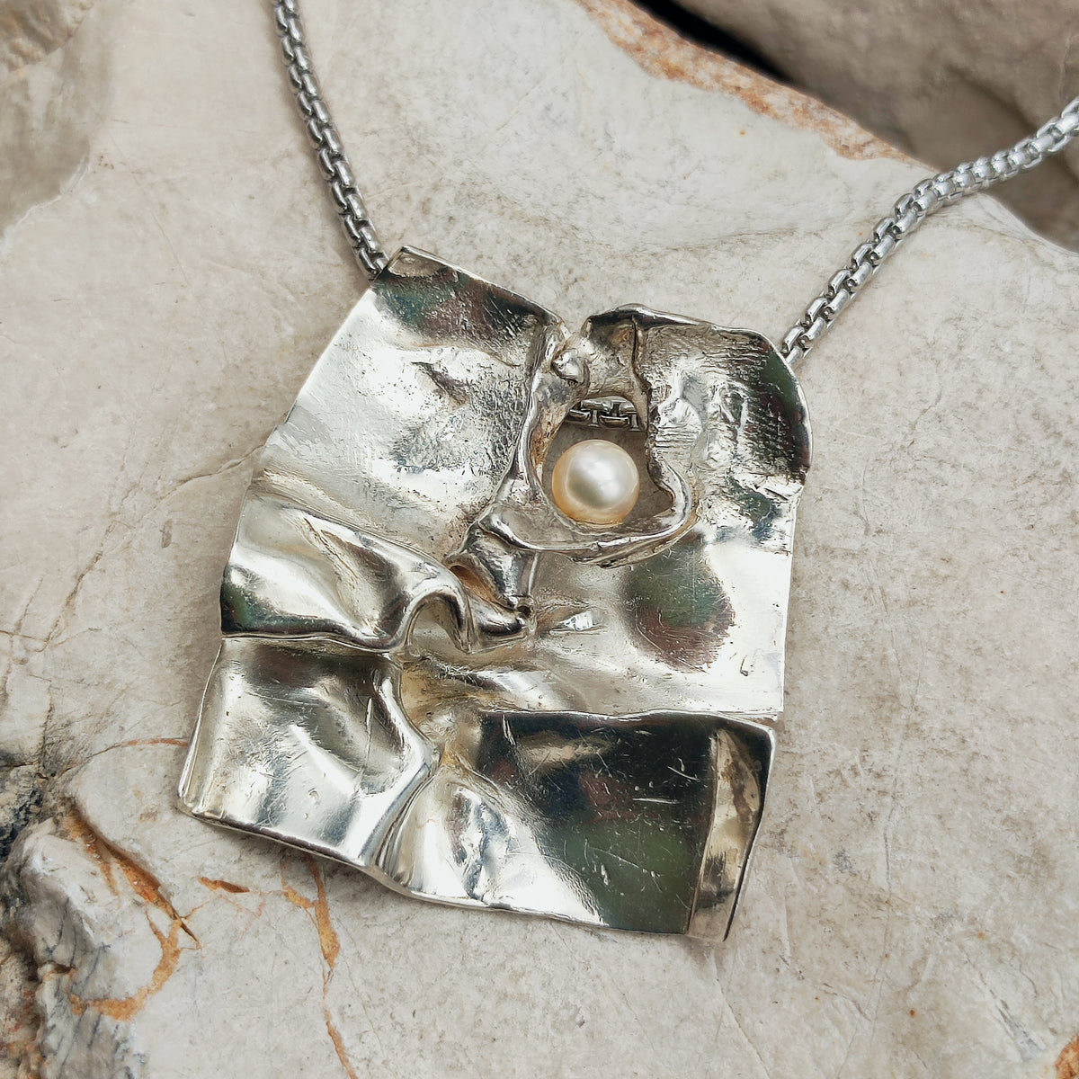 Vintage Mies De Wilde Brutalist Sterling Silver Pearl Pendant Necklace