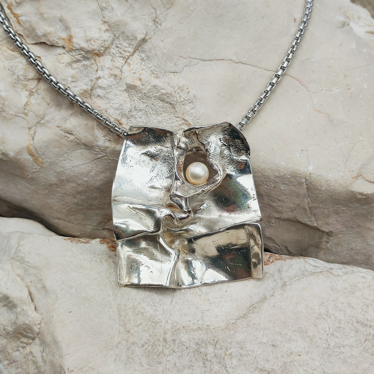 Vintage Mies De Wilde Brutalist Sterling Silver Pearl Pendant Necklace