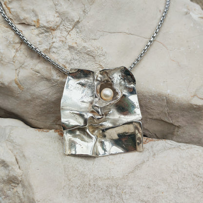 Vintage Mies De Wilde Brutalist Sterling Silver Pearl Pendant Necklace