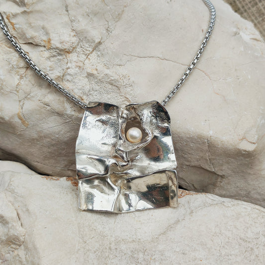Vintage Mies De Wilde Brutalist Sterling Silver Pearl Pendant Necklace