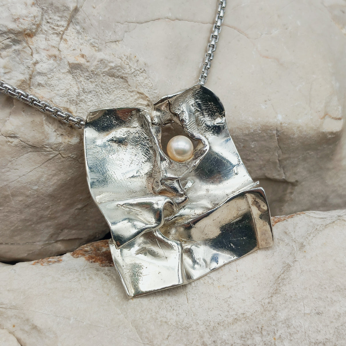 Vintage Mies De Wilde Brutalist Sterling Silver Pearl Pendant Necklace