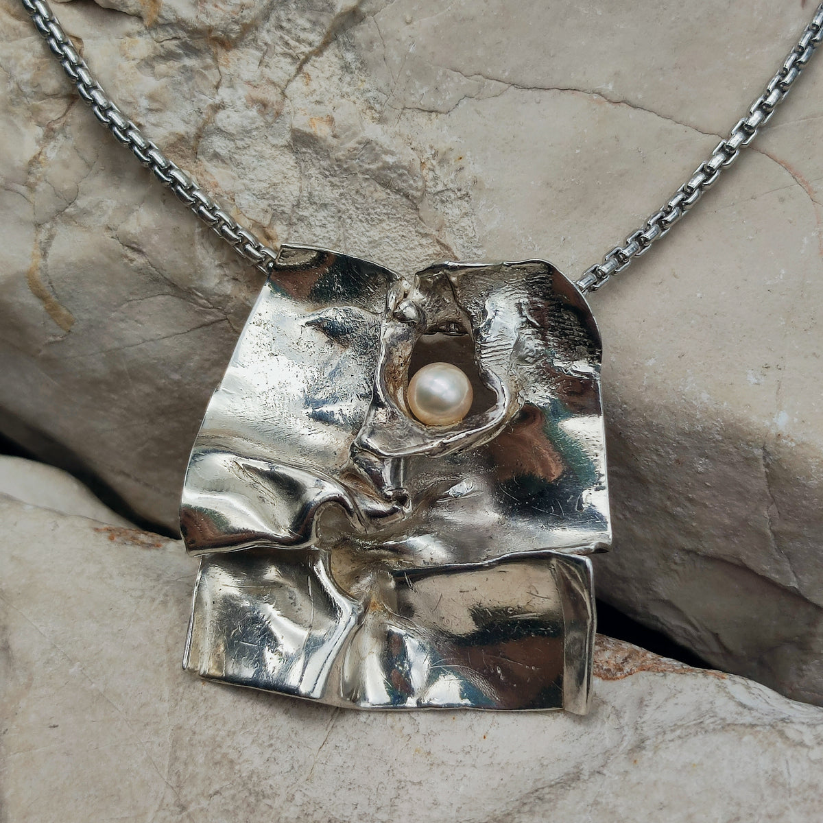 Vintage Mies De Wilde Brutalist Sterling Silver Pearl Pendant Necklace