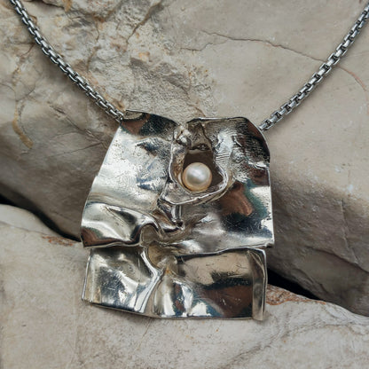 Vintage Mies De Wilde Brutalist Sterling Silver Pearl Pendant Necklace
