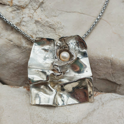 Vintage Mies De Wilde Brutalist Sterling Silver Pearl Pendant Necklace