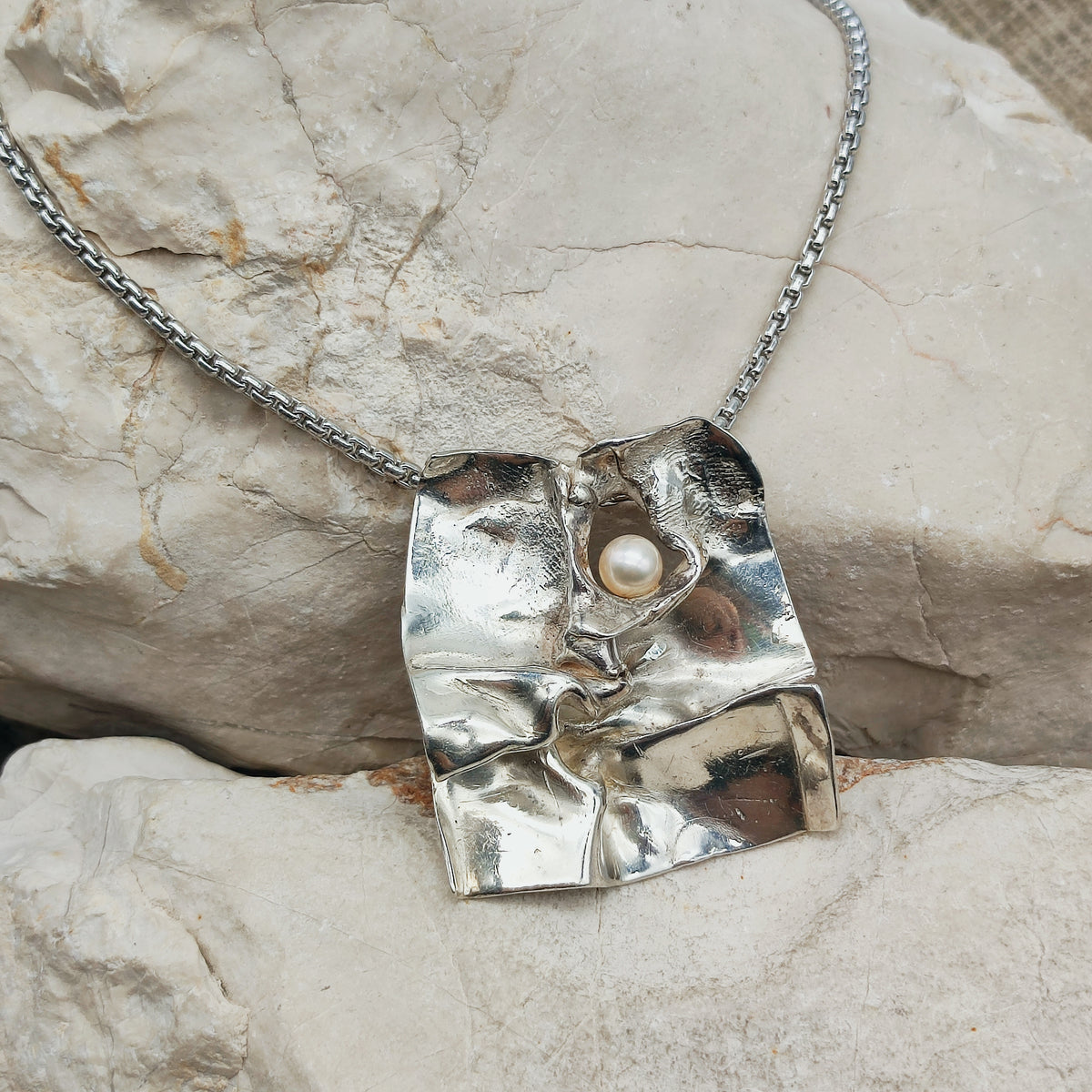 Vintage Mies De Wilde Brutalist Sterling Silver Pearl Pendant Necklace