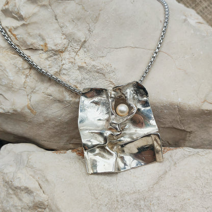 Vintage Mies De Wilde Brutalist Sterling Silver Pearl Pendant Necklace