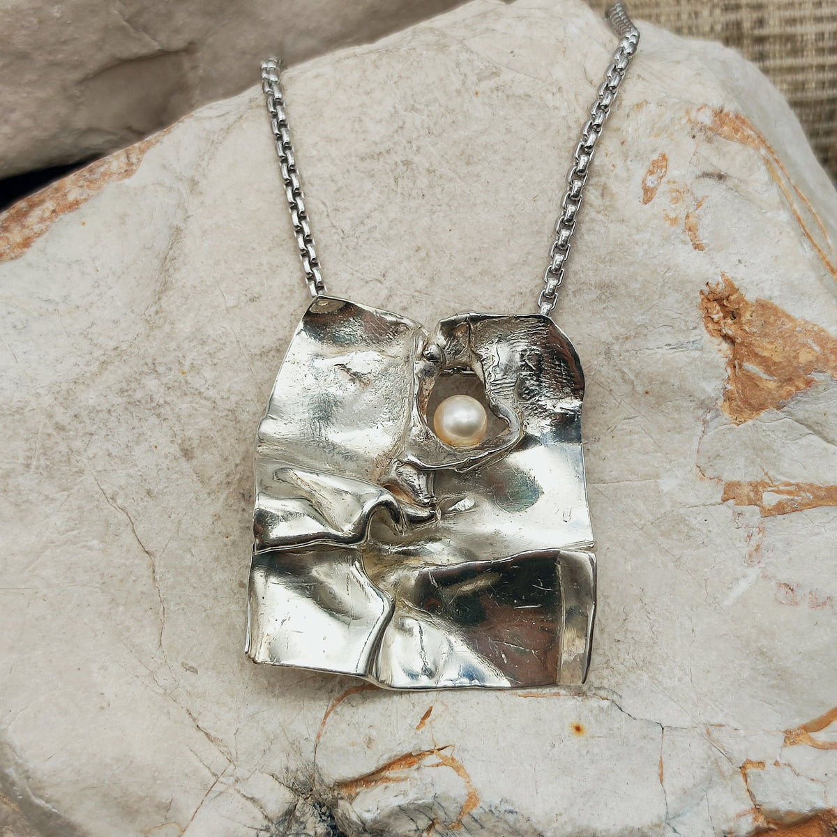 Vintage Mies De Wilde Brutalist Sterling Silver Pearl Pendant Necklace
