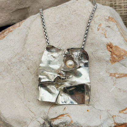 Vintage Mies De Wilde Brutalist Sterling Silver Pearl Pendant Necklace