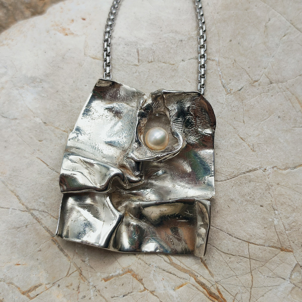 Vintage Mies De Wilde Brutalist Sterling Silver Pearl Pendant Necklace