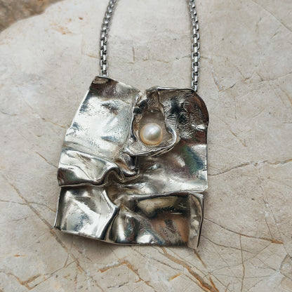 Vintage Mies De Wilde Brutalist Sterling Silver Pearl Pendant Necklace
