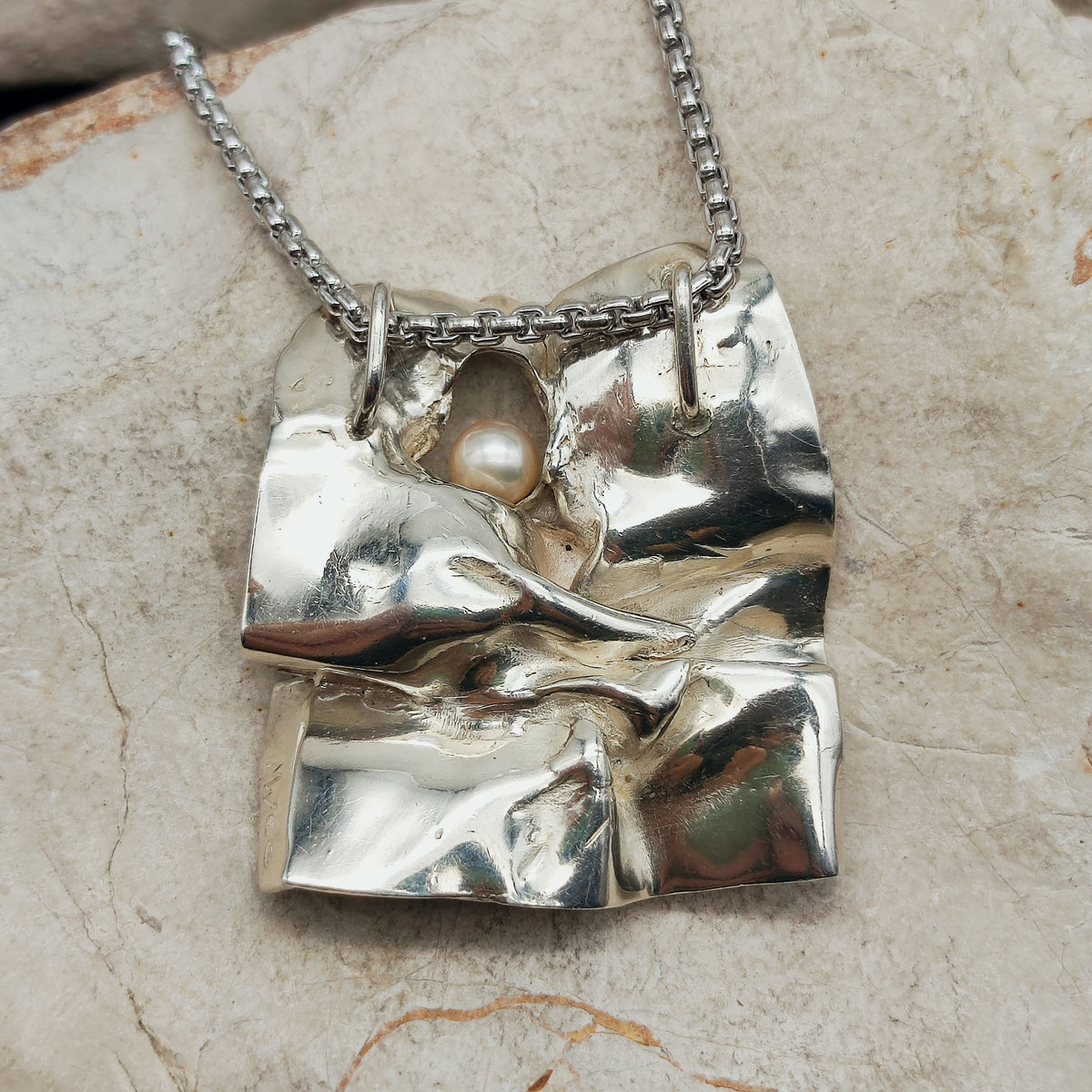 Vintage Mies De Wilde Brutalist Sterling Silver Pearl Pendant Necklace