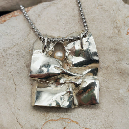 Vintage Mies De Wilde Brutalist Sterling Silver Pearl Pendant Necklace