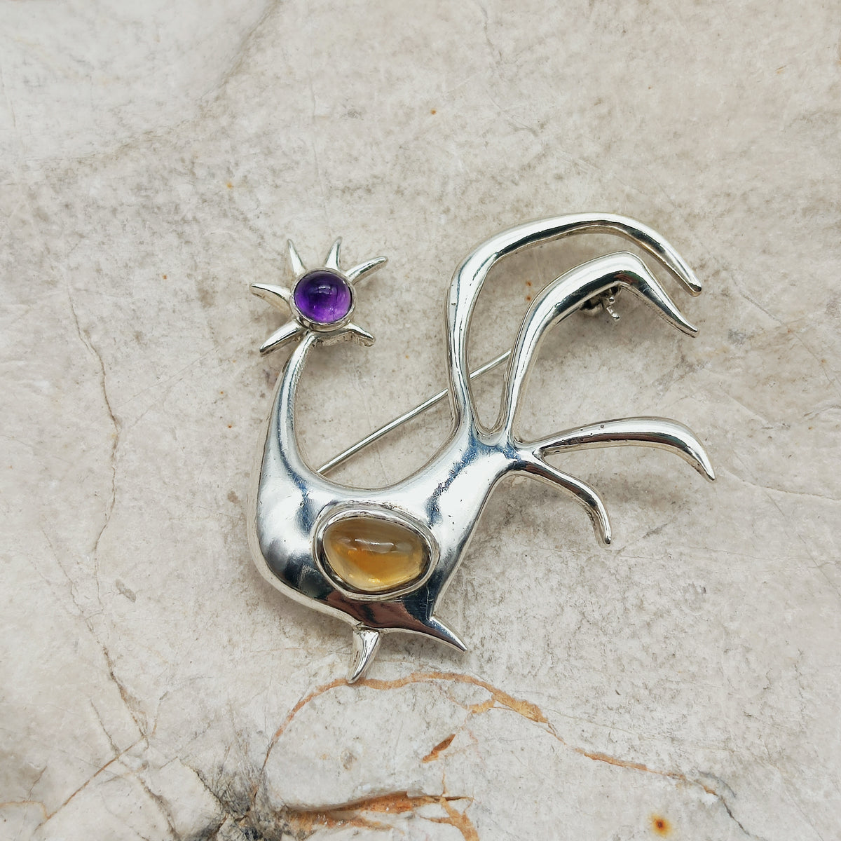 Vintage Mies De Wilde Sterling Silver Rooster Brooch with Amethyst and Citrine