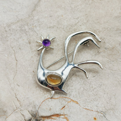Vintage Mies De Wilde Sterling Silver Rooster Brooch with Amethyst and Citrine