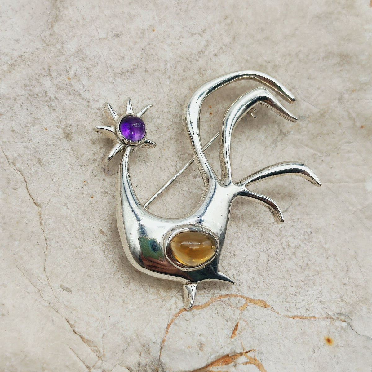 Vintage Mies De Wilde Sterling Silver Rooster Brooch with Amethyst and Citrine